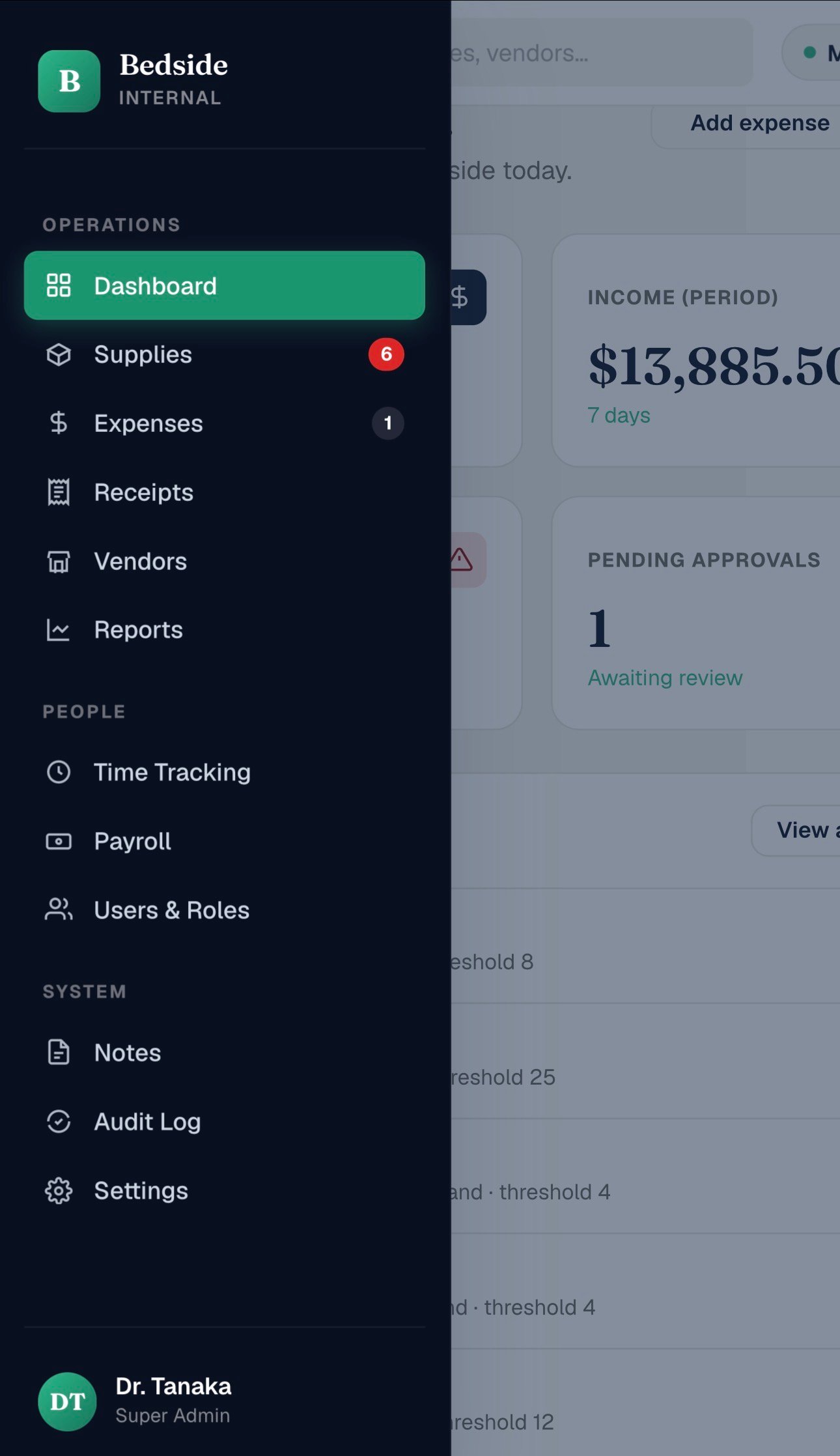 Bedside internal operations dashboard — sidebar showing operations, people, and system modules